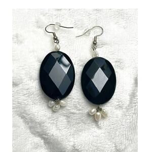 Vintage Sterling Silver Black Onyx Faceted Oval Earrings, Freshwater Pearls
